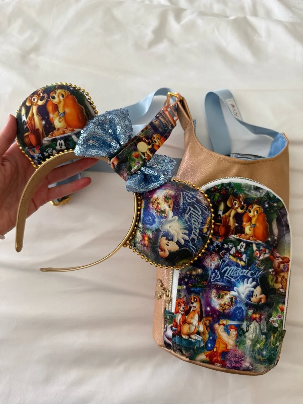 Disney Rose Gold Crossbody Water Bottle Bag with Blue Strap & Matching Ears